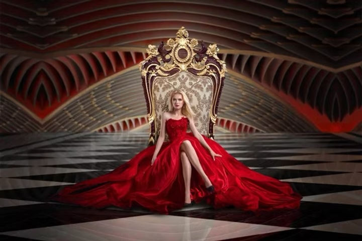 photo of woman wearing long red dress sitting on royal chair